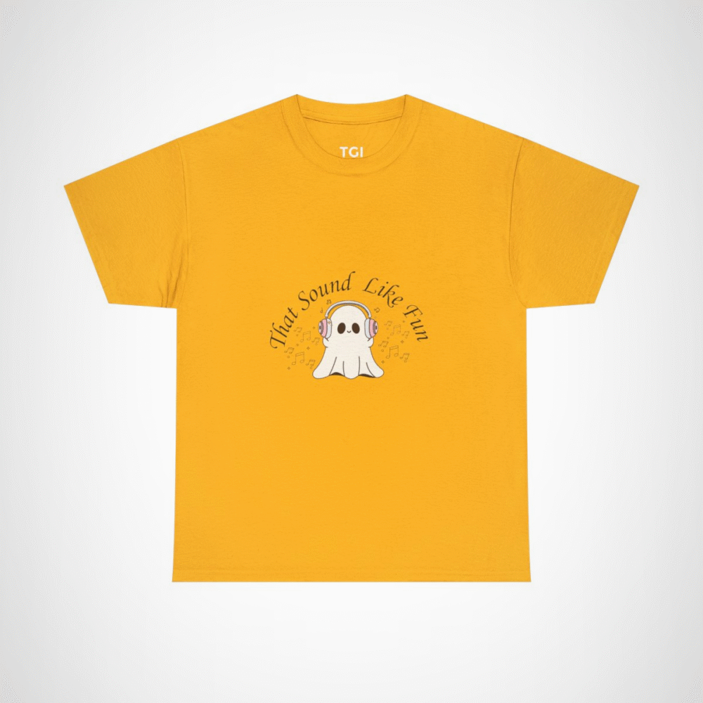 Cute Ghost with Headphones t-shirt design for Halloween and music lovers Gold colour