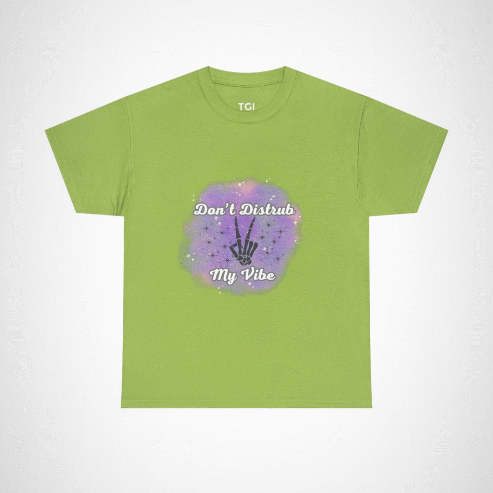 Don't Disturb My Vibe Skeleton Hand T-Shirt with a whimsical design against a watercolor backdrop Kiwi colour