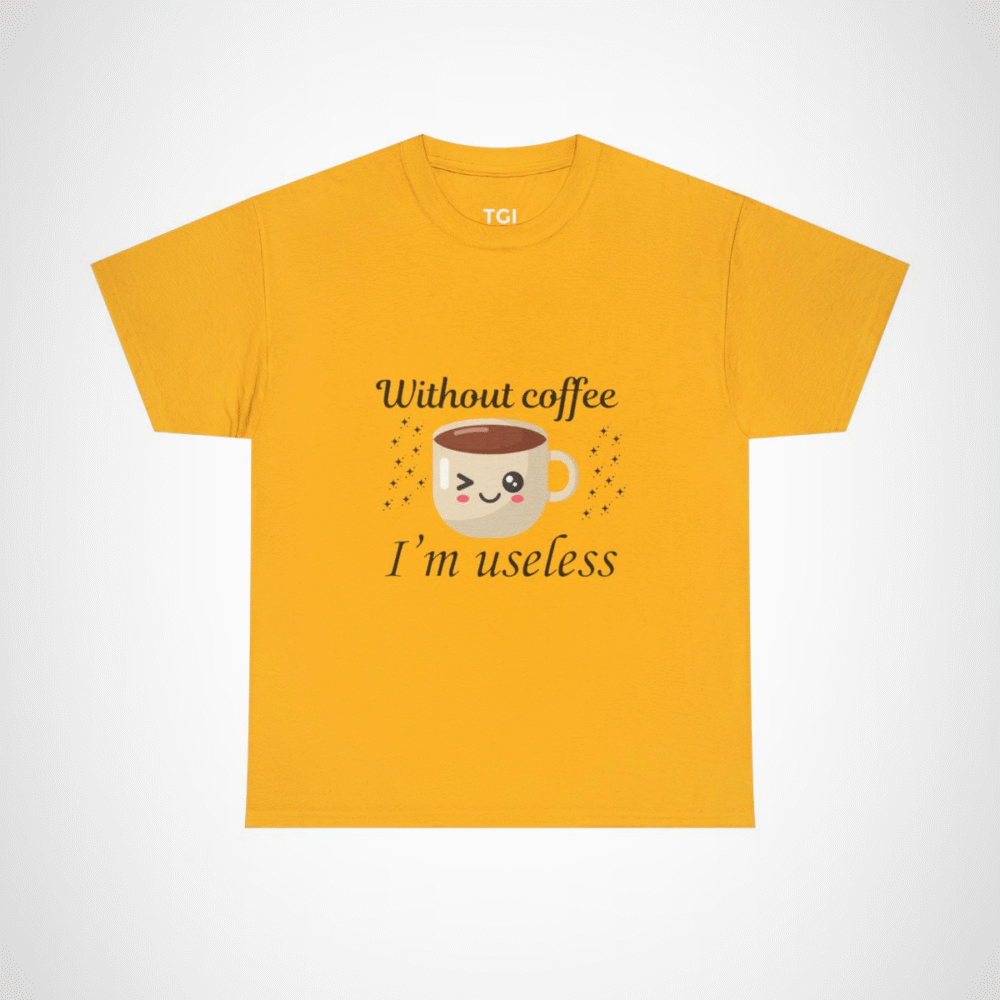 Winking coffee cup design on a soft t-shirt Gold colour