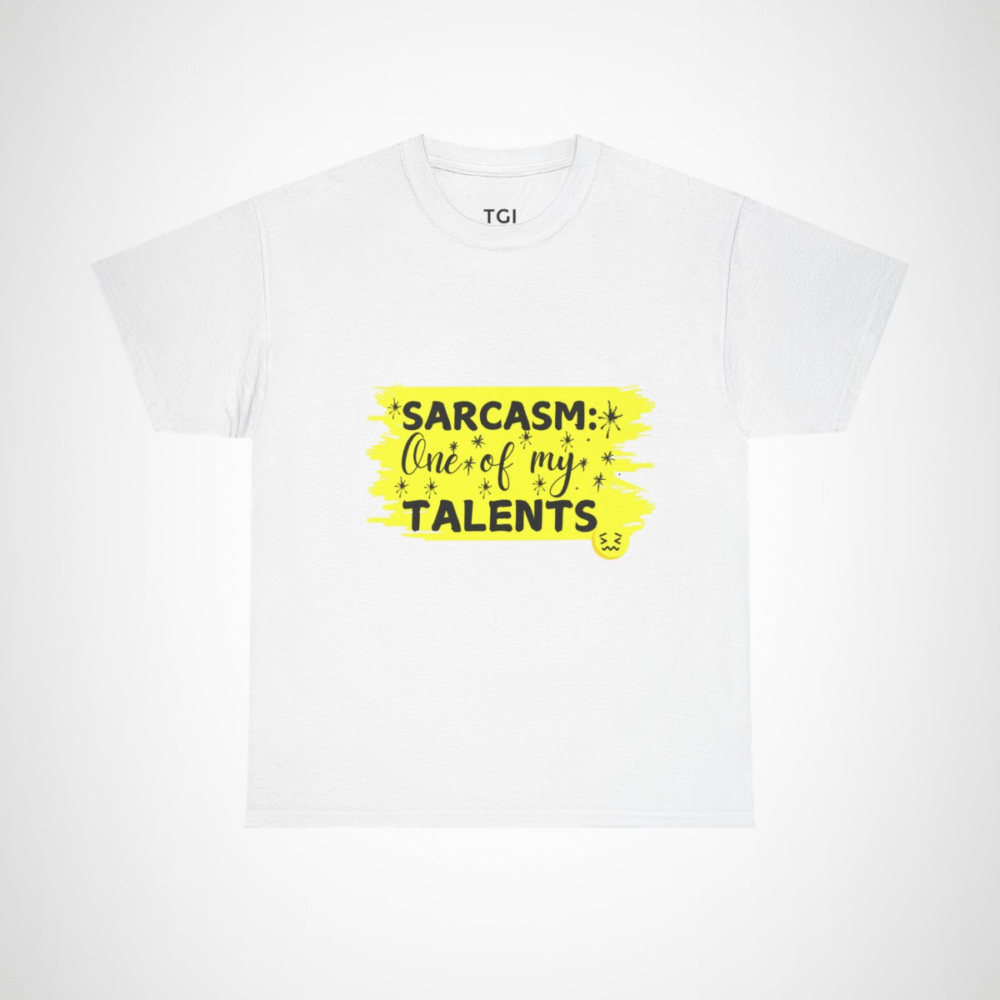 Sarcasm: One of My Talents t-shirt design featuring bold typography White colour