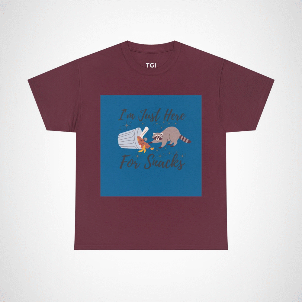 Adorable raccoon design on I'm Just Here for Snacks t-shirt Maroon colour