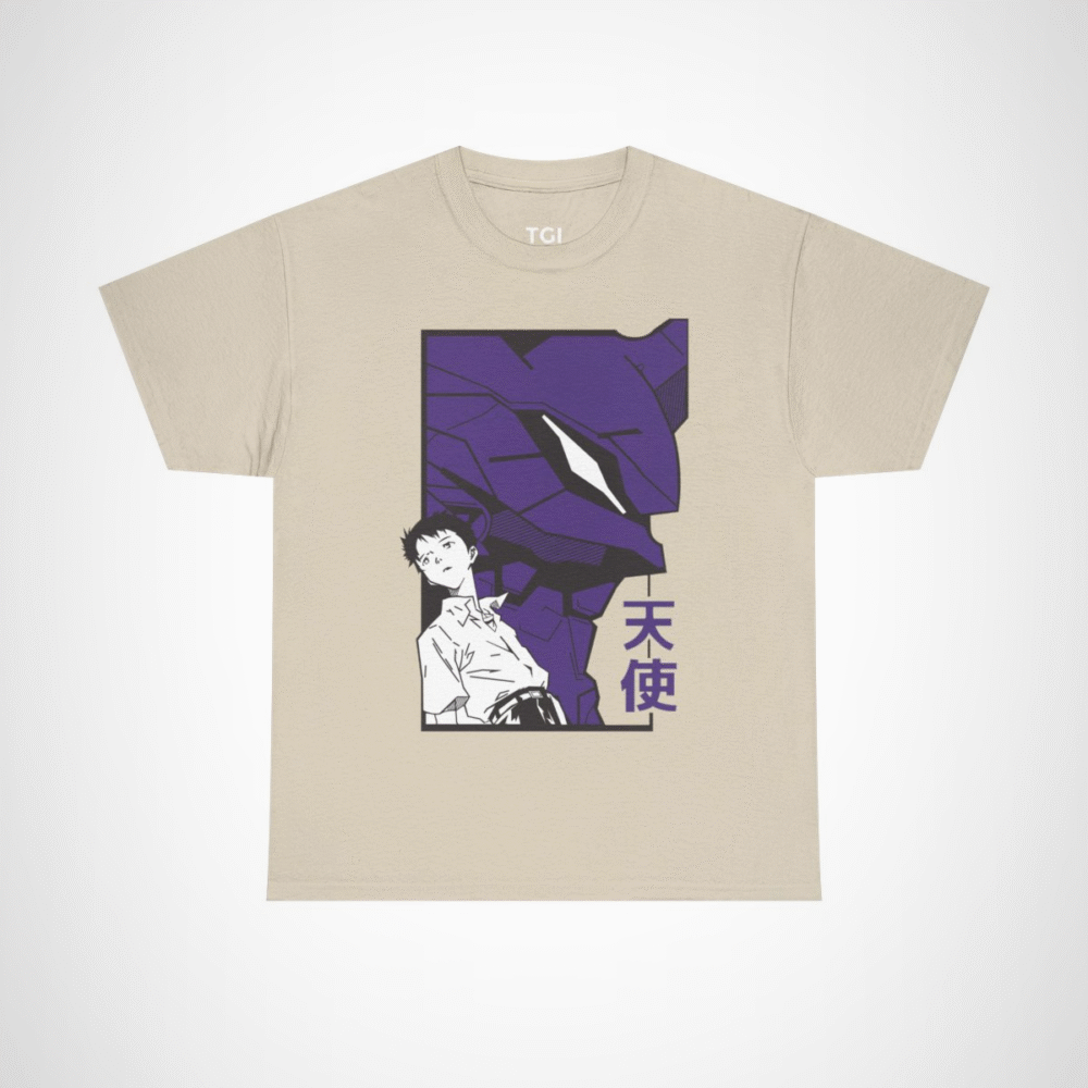 Shinji and Eva Unit-01 artwork on soft fabric t-shirt Sand colour