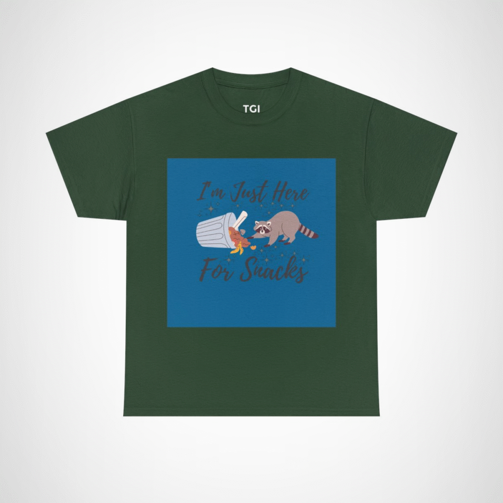 Adorable raccoon design on I'm Just Here for Snacks t-shirt Forest Green colour