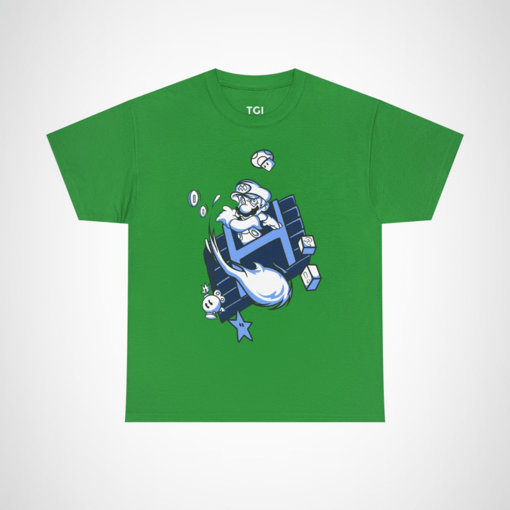 Retro Gamer Mario T-Shirt with vibrant design and gaming elements Irish Green colour