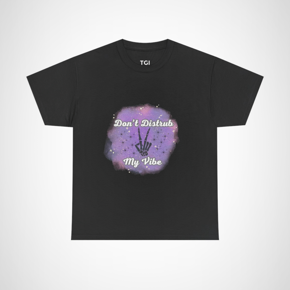 Don't Disturb My Vibe Skeleton Hand T-Shirt with a whimsical design against a watercolor backdrop Black colour