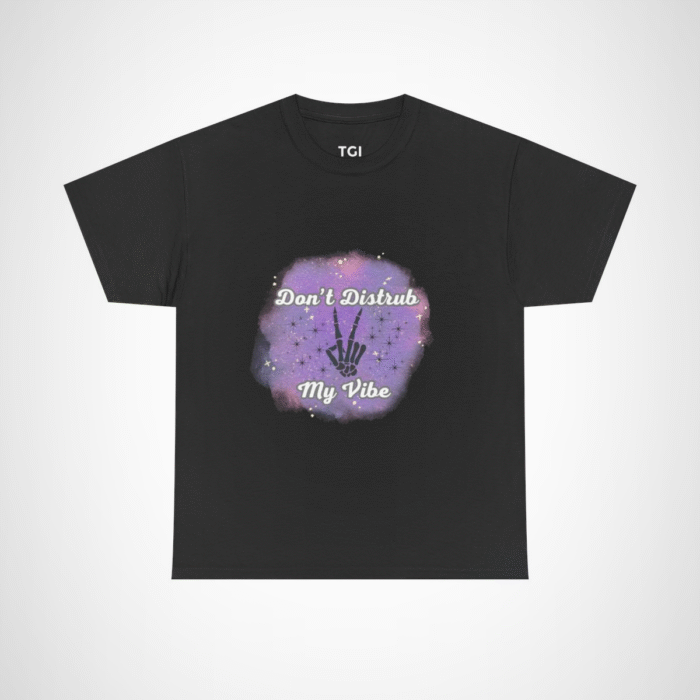 Don't Disturb My Vibe Skeleton Hand T-Shirt with a whimsical design against a watercolor backdrop Black colour