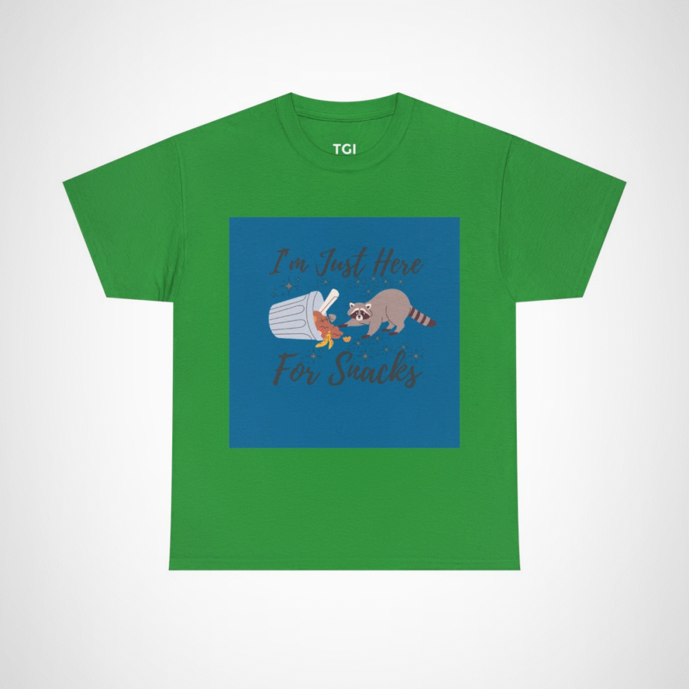 Adorable raccoon design on I'm Just Here for Snacks t-shirt Irish Green colour