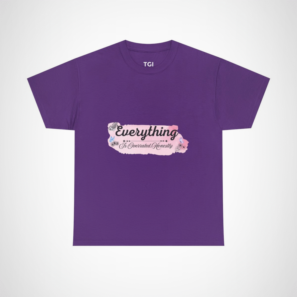 Funny 'Everything Is Overrated' t-shirt showcasing vibrancy and uniqueness Purple colour