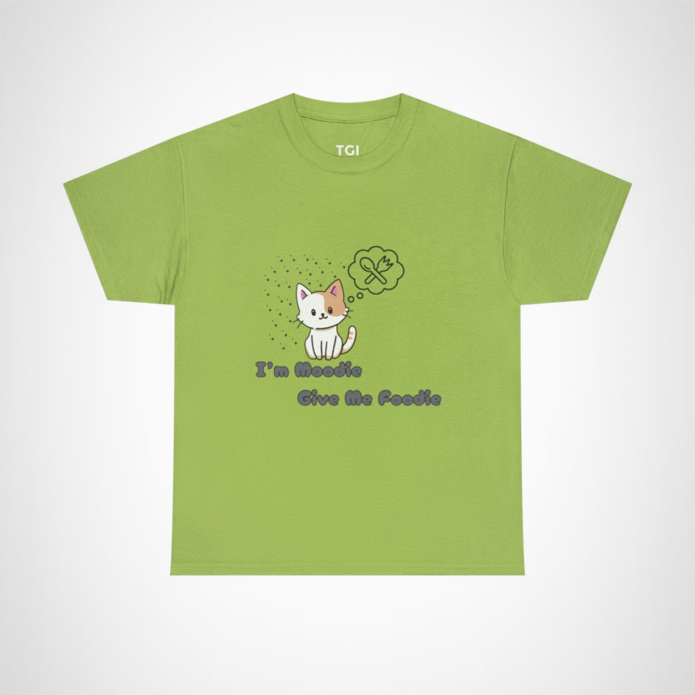 Cute 'I'm Moodie, Give Me Foodie' cat t-shirt for pet lovers, showcasing a playful design and soft fabric Kiwi colour