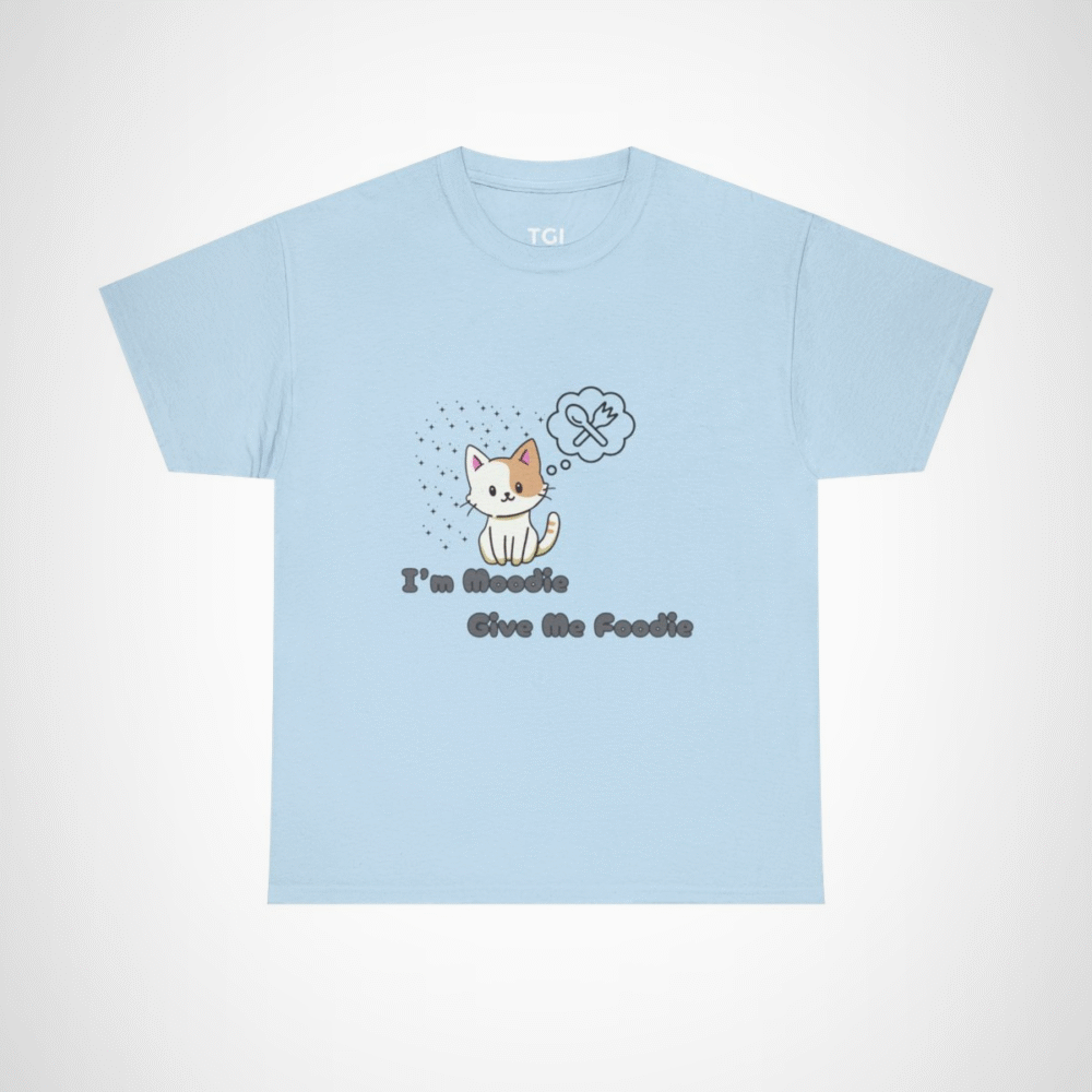 Cute 'I'm Moodie, Give Me Foodie' cat t-shirt for pet lovers, showcasing a playful design and soft fabric Light Blue colour