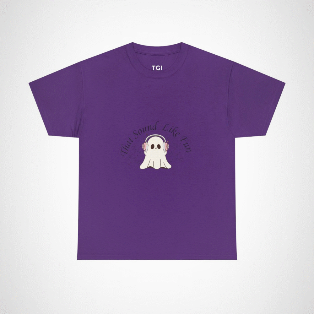 Cute Ghost with Headphones t-shirt design for Halloween and music lovers Purple colour
