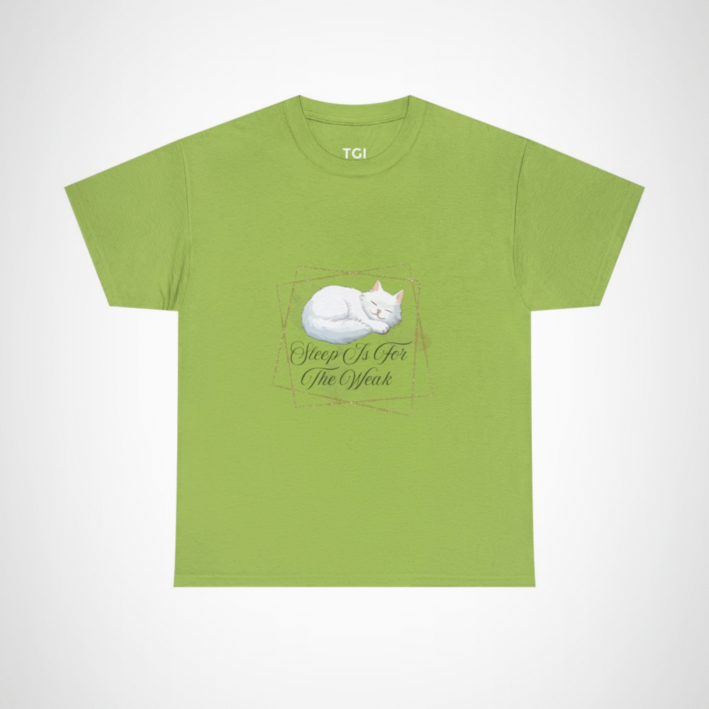 Cute cat sleeping on a t-shirt with the phrase 'Sleep Is For The Weak' for cat lovers Kiwi colour