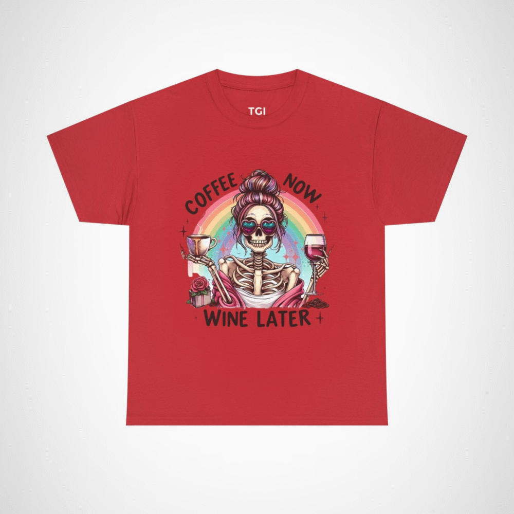 Funny Coffee Now, Wine Later Skeleton T-Shirt with vibrant rainbow design Red colour