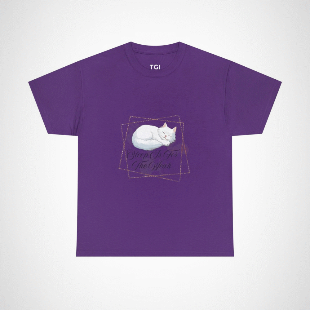 Cute cat sleeping on a t-shirt with the phrase 'Sleep Is For The Weak' for cat lovers Purple colour
