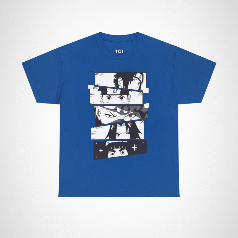 Vibrant anime faces collage on cotton t-shirt Royal colour