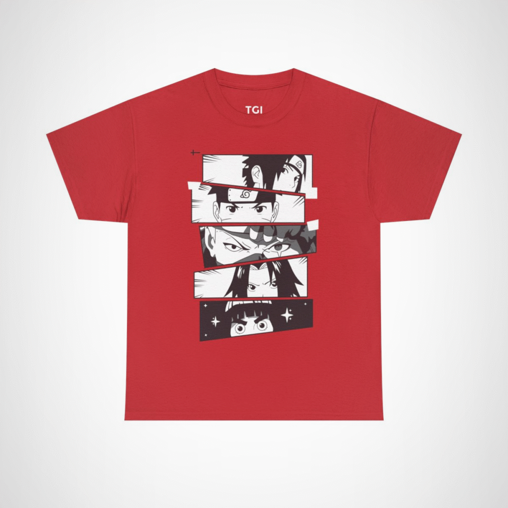 Vibrant anime faces collage on cotton t-shirt Red colour