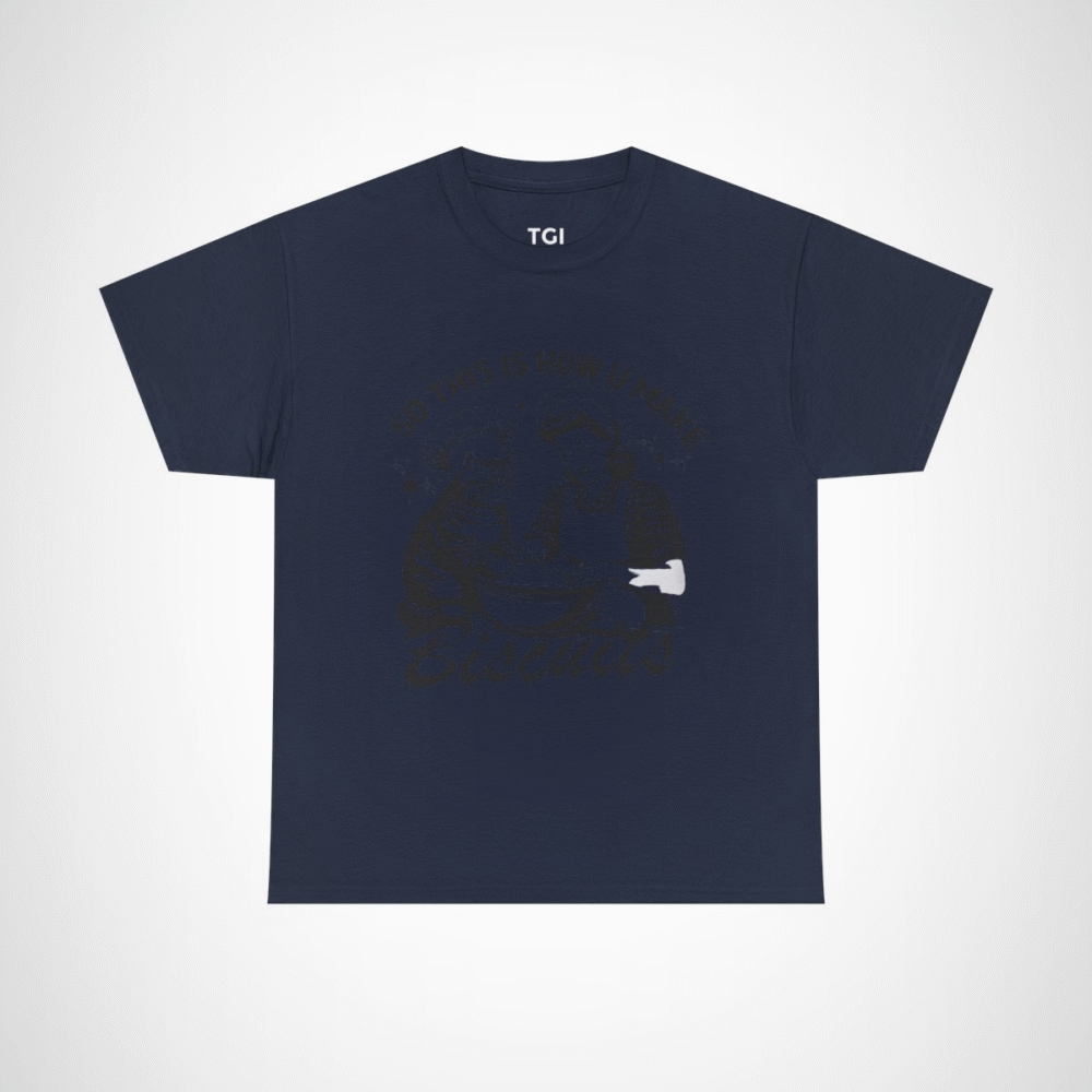 Humorous t-shirt featuring a cat and a baker with the phrase 'So This Is How You Make Biscuits' Navy colour