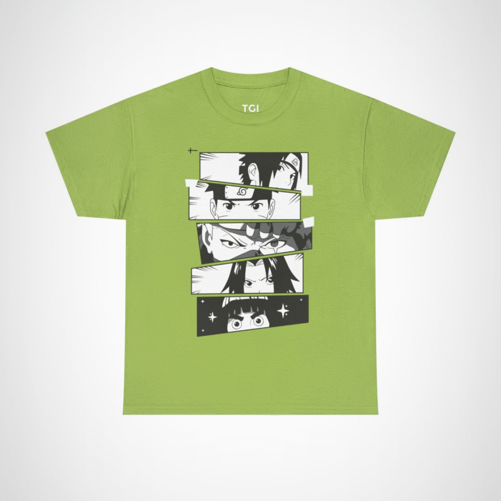 Vibrant anime faces collage on cotton t-shirt Kiwi colour