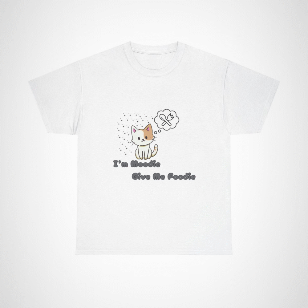 Cute 'I'm Moodie, Give Me Foodie' cat t-shirt for pet lovers, showcasing a playful design and soft fabric White colour