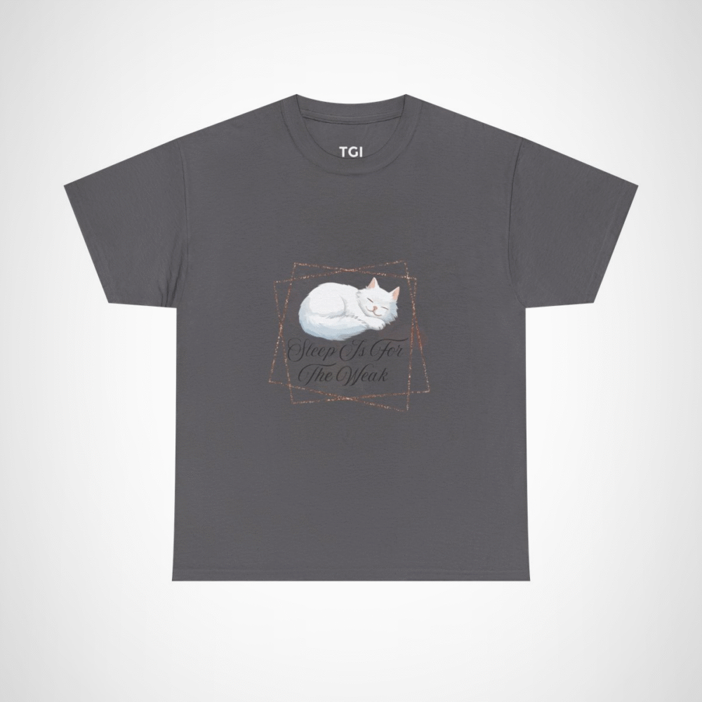 Cute cat sleeping on a t-shirt with the phrase 'Sleep Is For The Weak' for cat lovers Charcoal colour