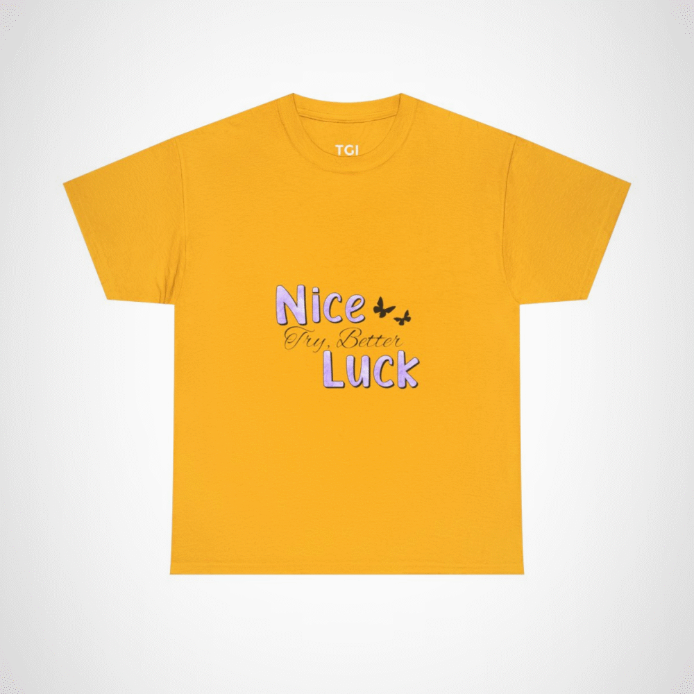 Nice Luck Positive Vibes T-Shirt in soft purple shades, featuring uplifting typography Gold colour