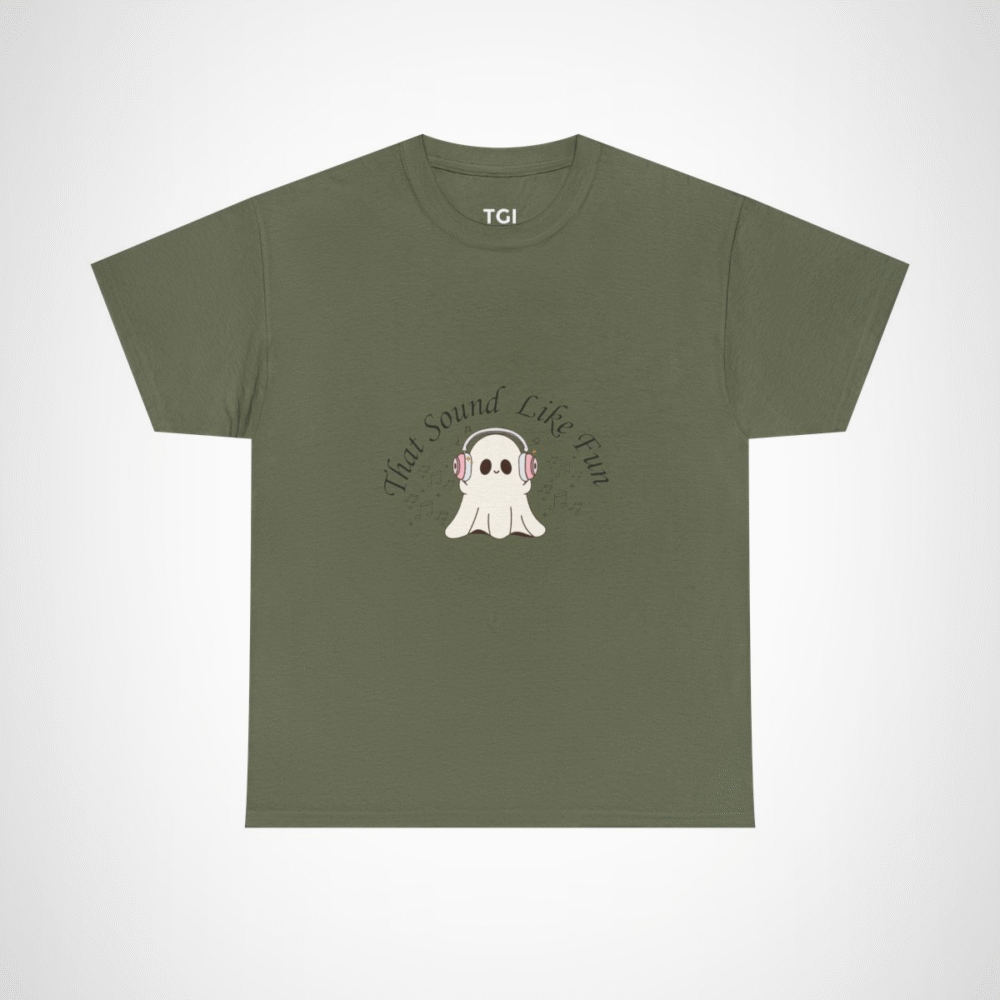 Cute Ghost with Headphones t-shirt design for Halloween and music lovers Military Green colour