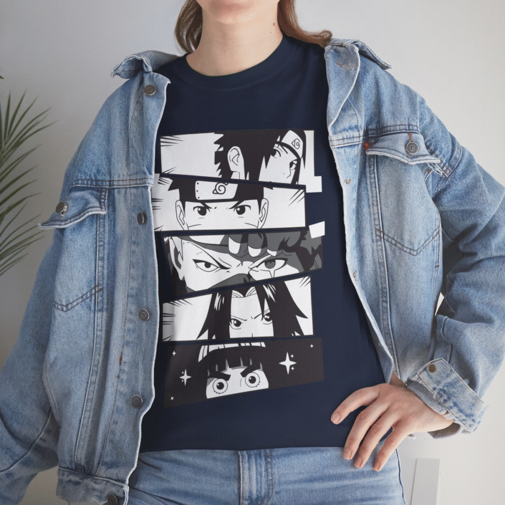 Vibrant anime faces collage on cotton t-shirt