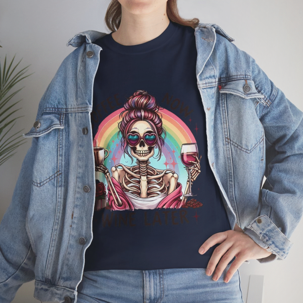 Funny Coffee Now, Wine Later Skeleton T-Shirt with vibrant rainbow design