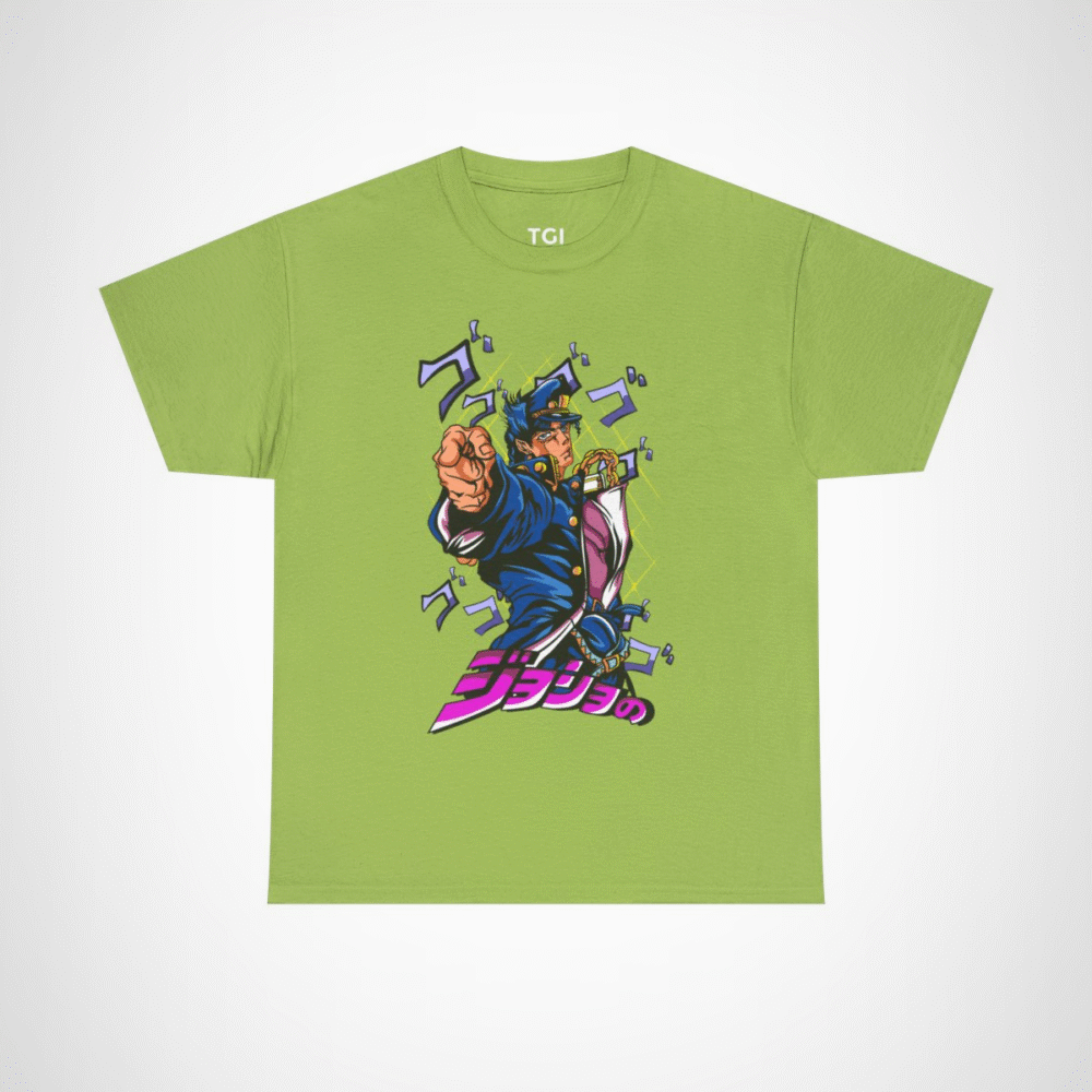 JoJo's Bizarre Adventure inspired character t-shirt with dynamic artwork Kiwi colour