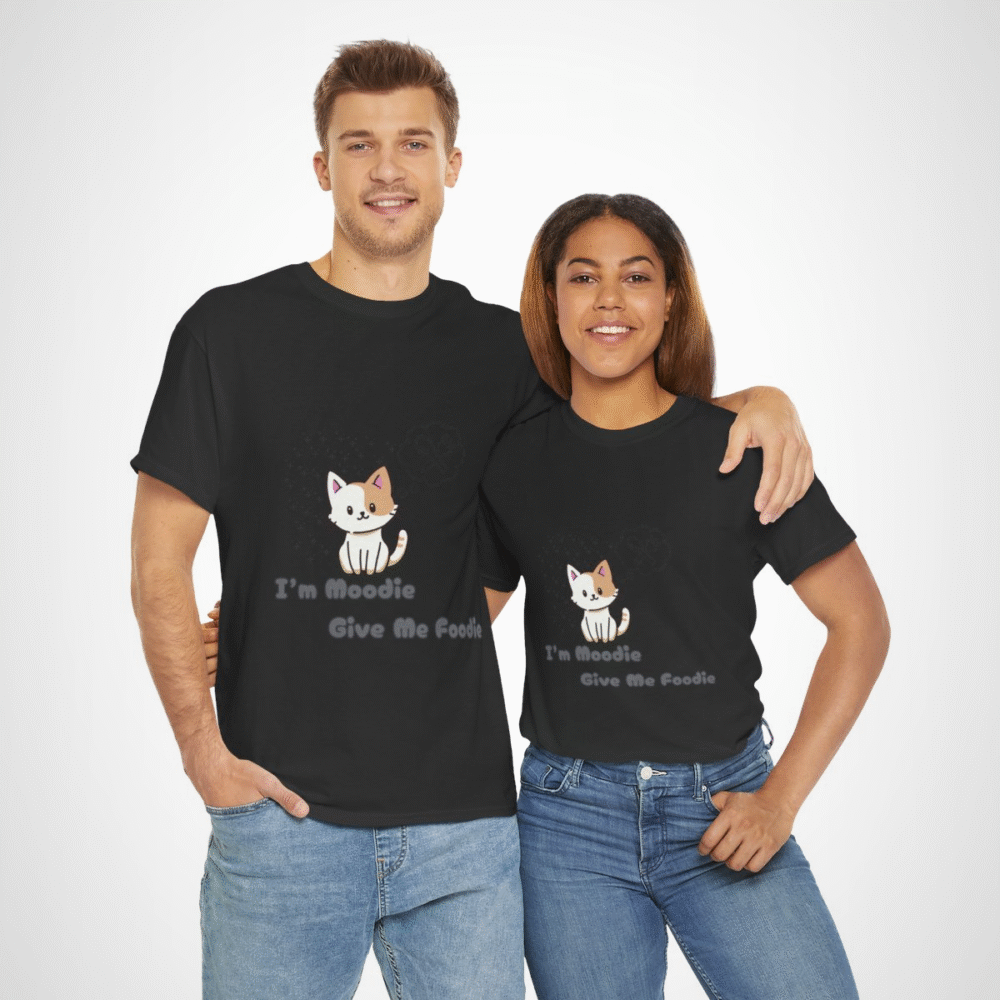 Cute 'I'm Moodie, Give Me Foodie' cat t-shirt for pet lovers, showcasing a playful design and soft fabric