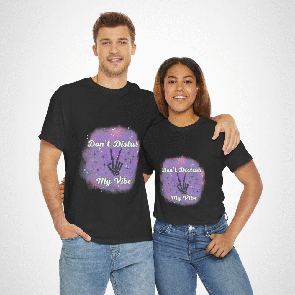 Don't Disturb My Vibe Skeleton Hand T-Shirt with a whimsical design against a watercolor backdrop