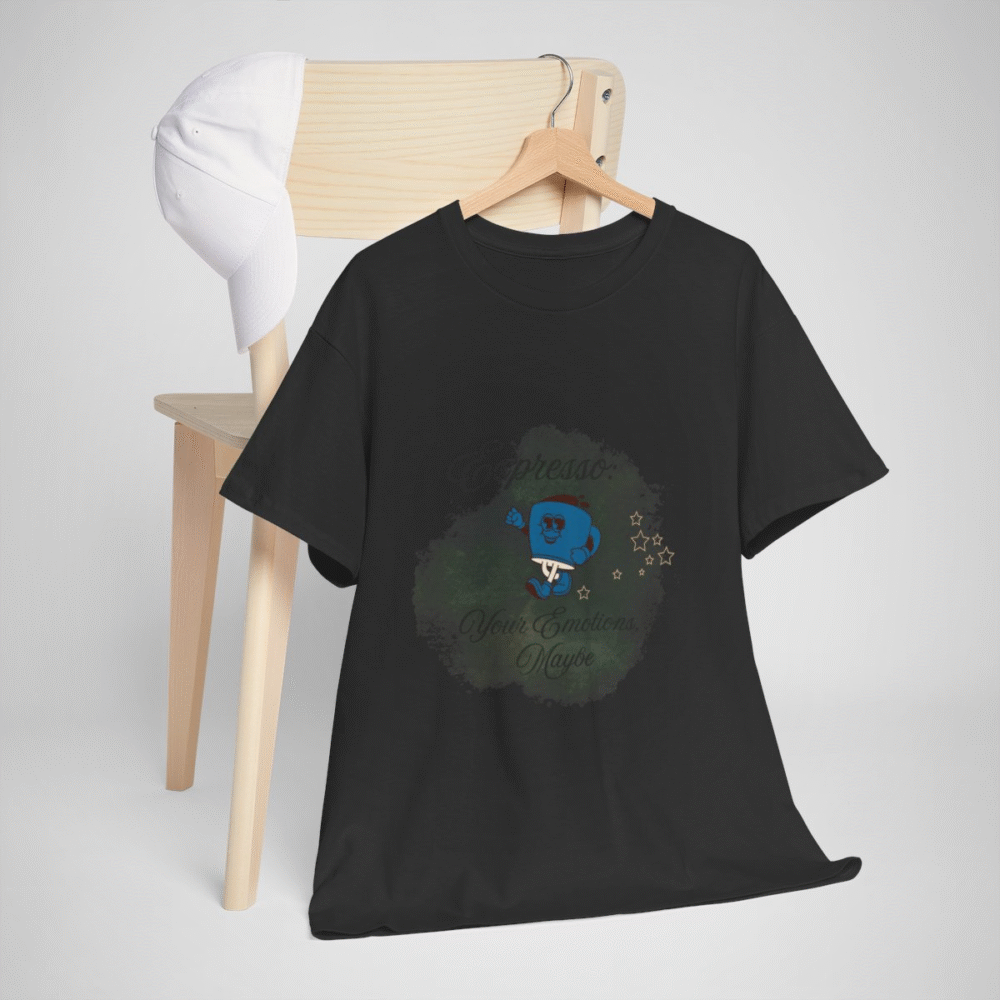 Cartoon coffee cup design on a t-shirt for coffee lovers