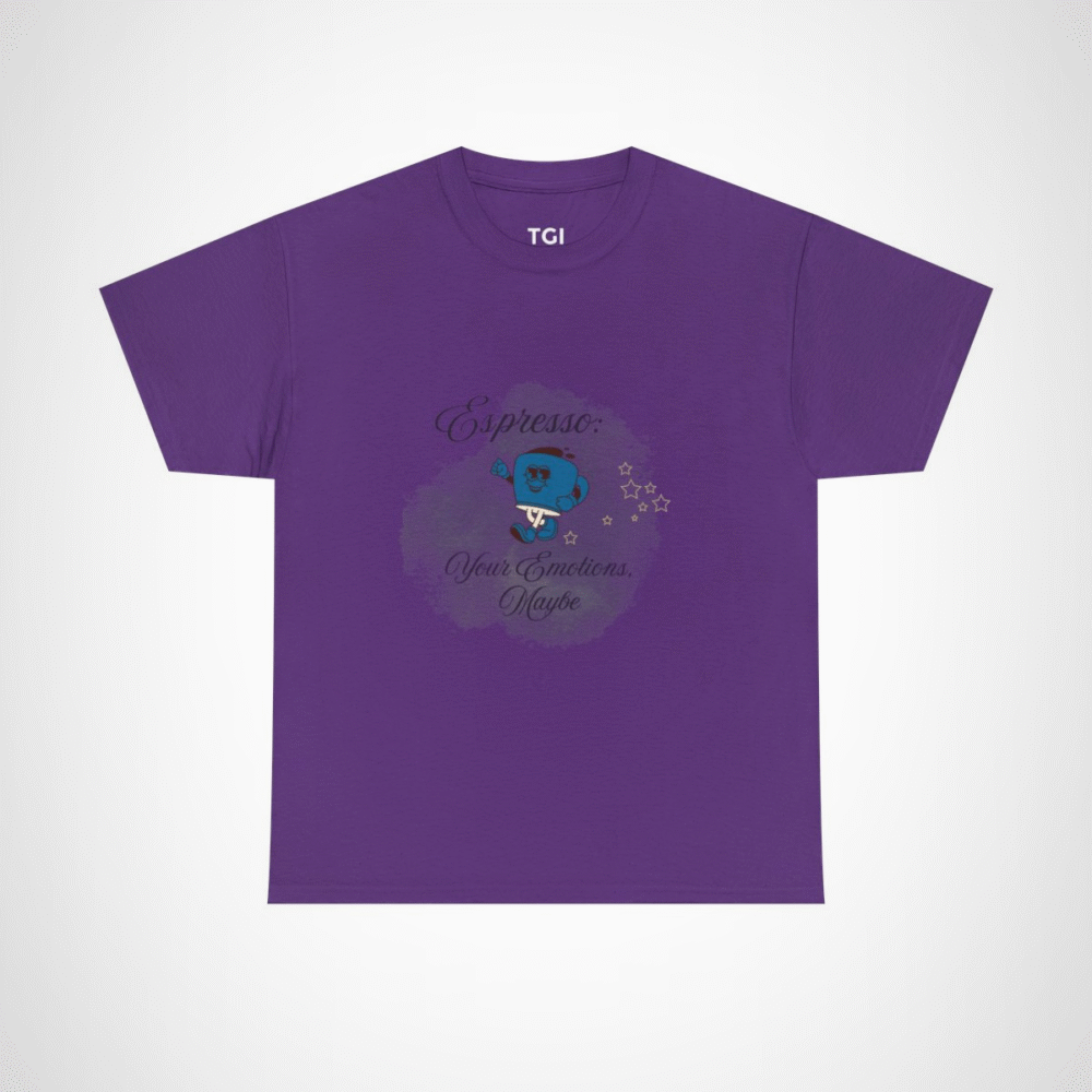 Cartoon coffee cup design on a t-shirt for coffee lovers Purple colour