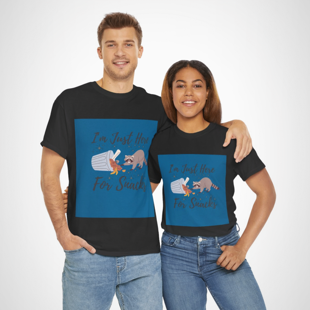 Adorable raccoon design on I'm Just Here for Snacks t-shirt
