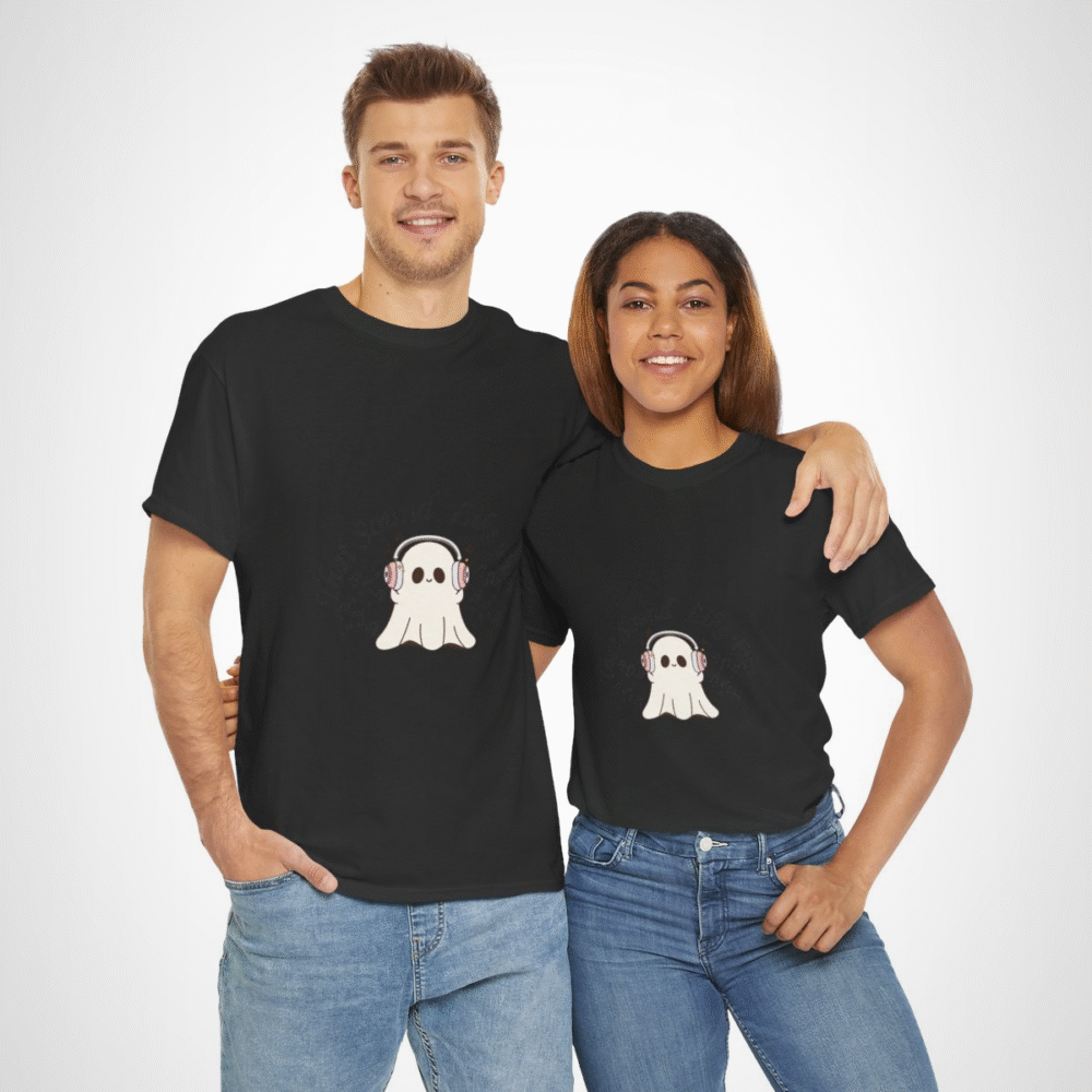 Cute Ghost with Headphones t-shirt design for Halloween and music lovers