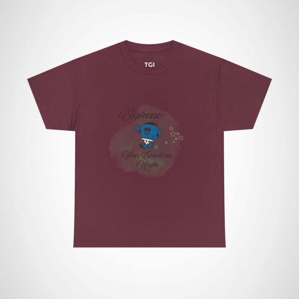 Cartoon coffee cup design on a t-shirt for coffee lovers Maroon colour