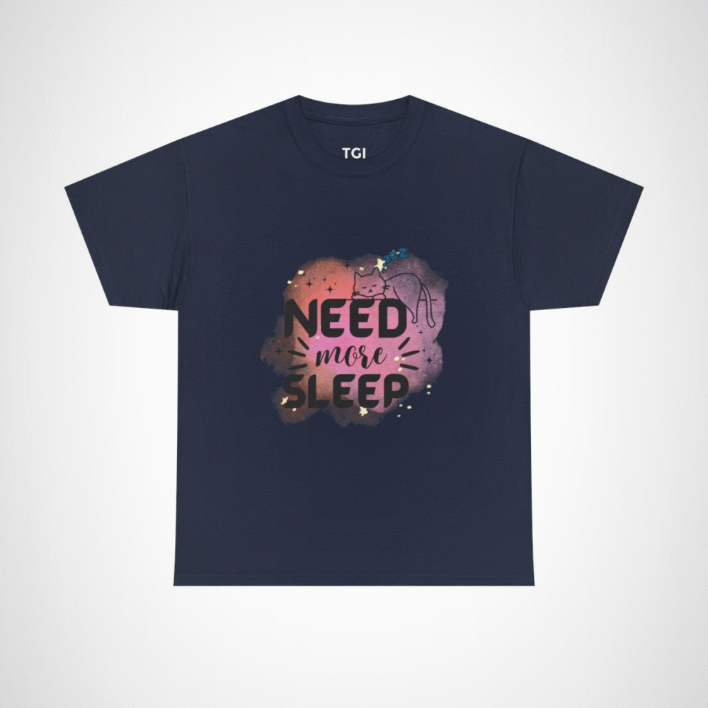 Need More Sleep Cat T-Shirt featuring a snoozing cat design Navy colour
