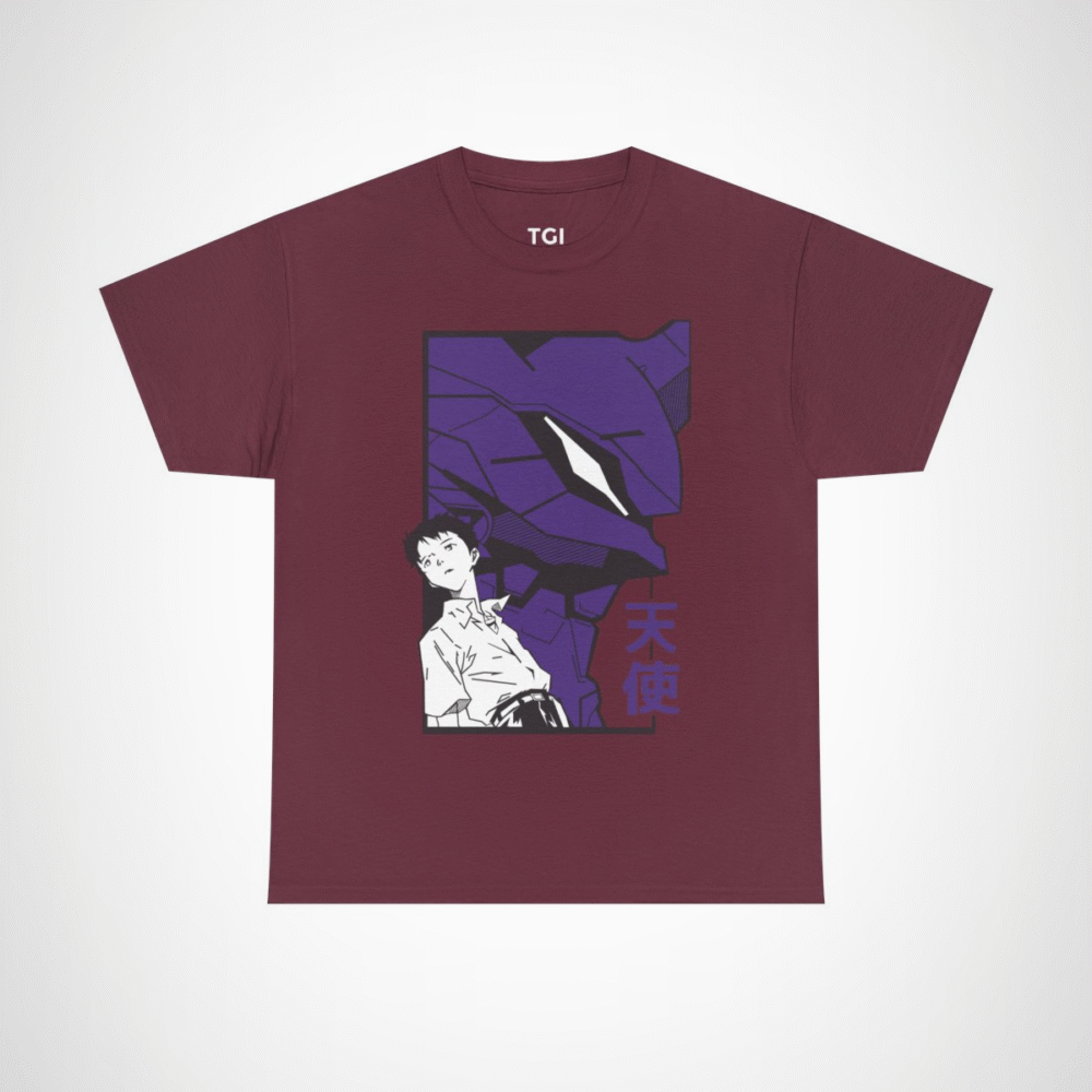 Shinji and Eva Unit-01 artwork on soft fabric t-shirt Maroon colour