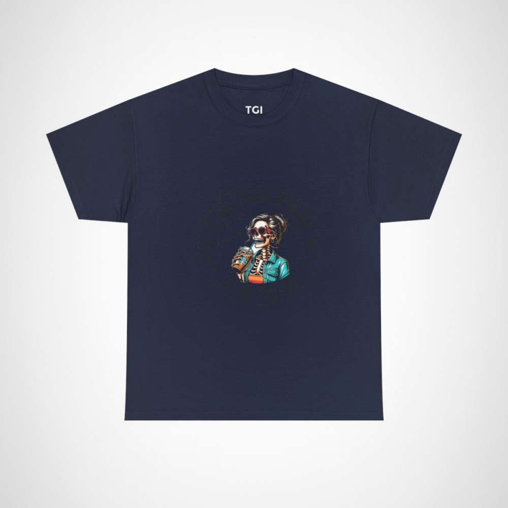 Chic skeleton t-shirt featuring skeleton with iced coffee Navy colour