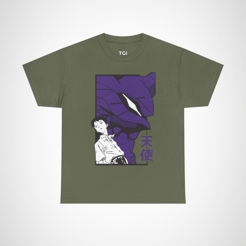 Shinji and Eva Unit-01 artwork on soft fabric t-shirt Military Green colour