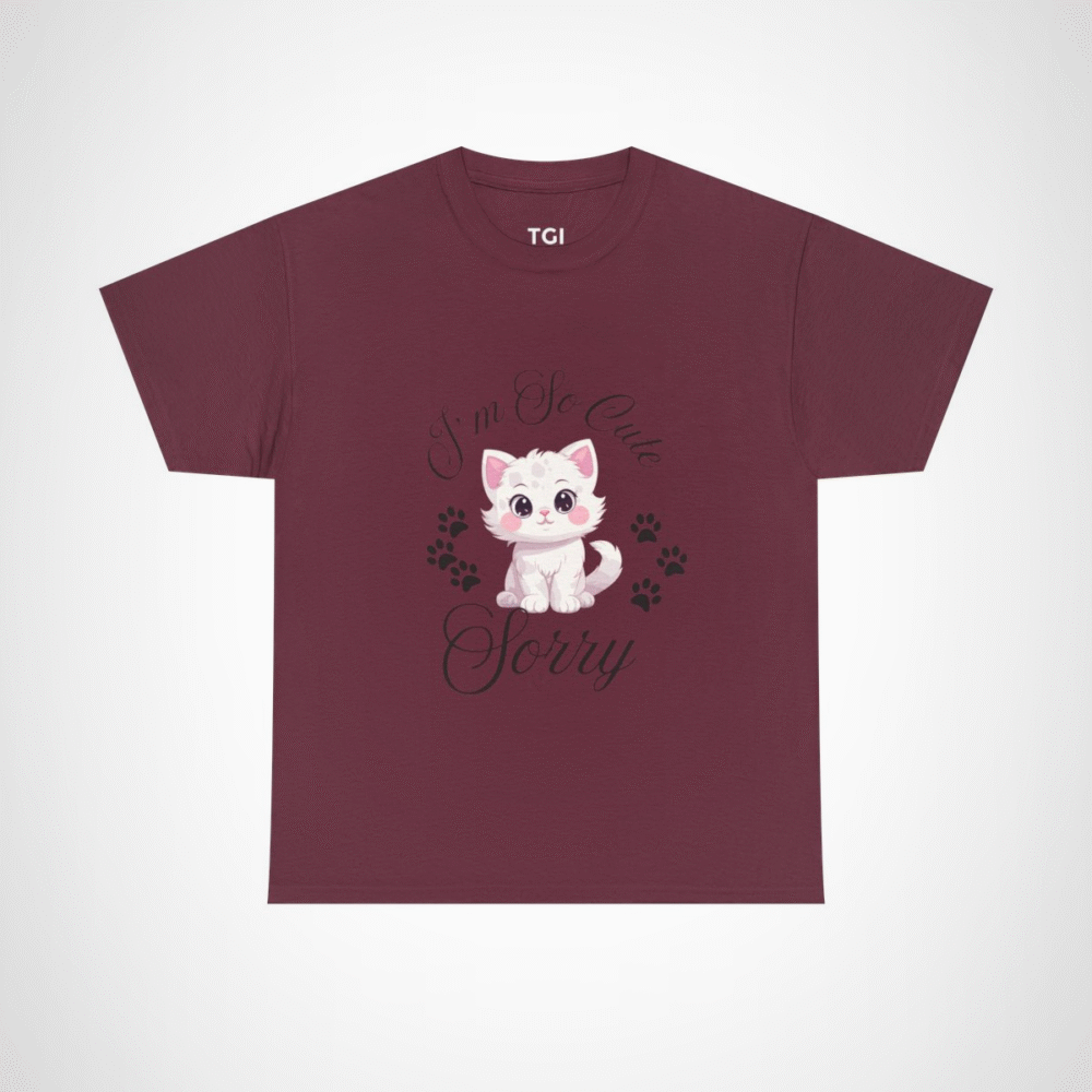 Charming graphic tee featuring an adorable white cat for cat lovers Maroon colour