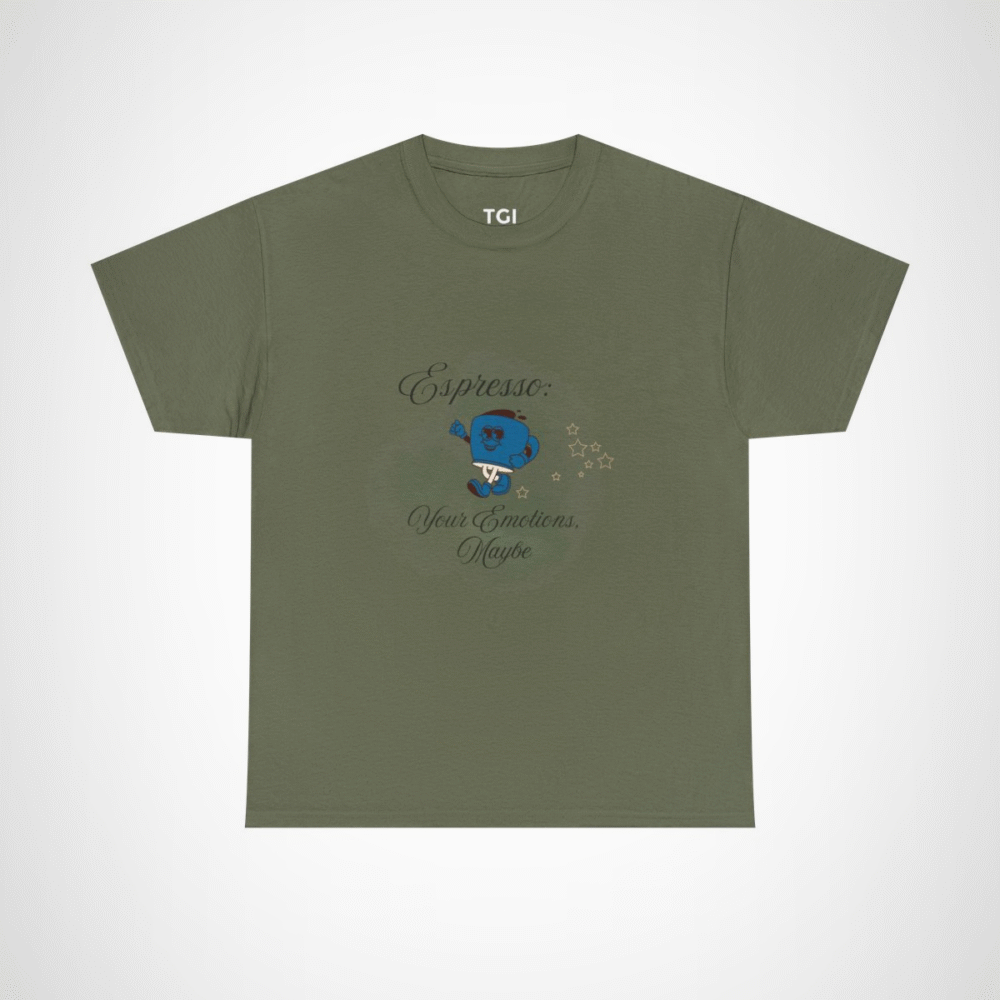 Cartoon coffee cup design on a t-shirt for coffee lovers Military Green colour