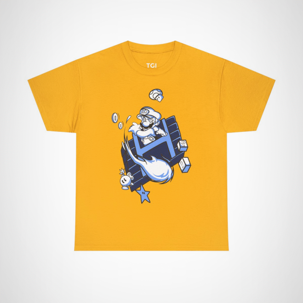 Retro Gamer Mario T-Shirt with vibrant design and gaming elements Gold colour