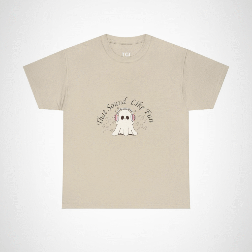 Cute Ghost with Headphones t-shirt design for Halloween and music lovers Sand colour