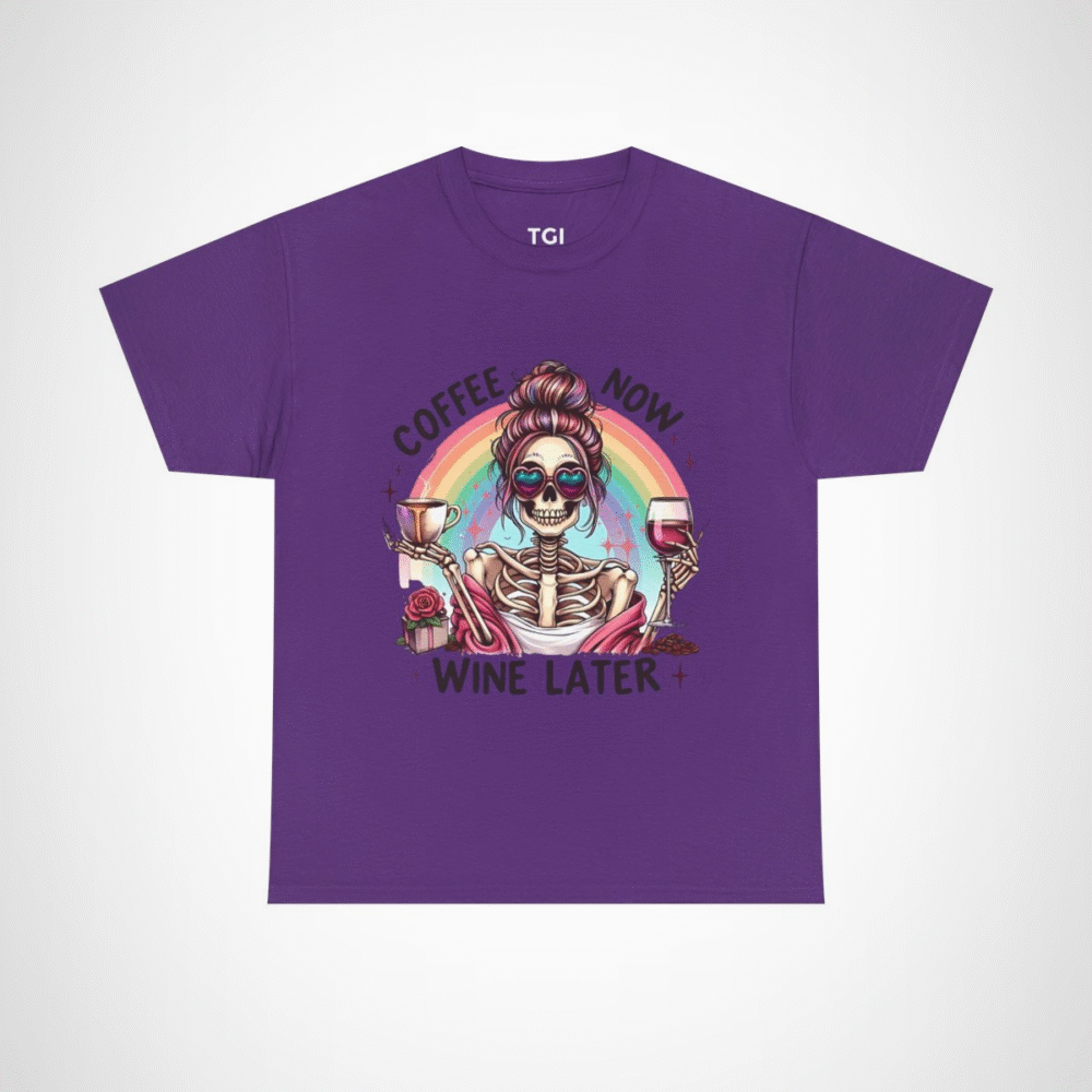 Funny Coffee Now, Wine Later Skeleton T-Shirt with vibrant rainbow design Purple colour