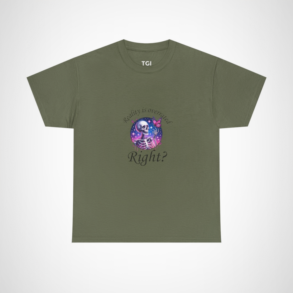 Cosmic Skeleton and Butterfly T-Shirt featuring unique art design Military Green colour