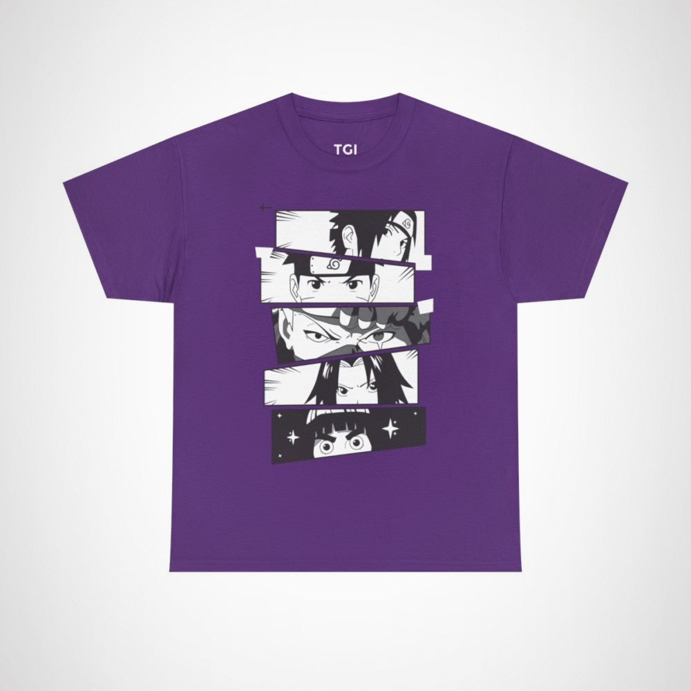 Vibrant anime faces collage on cotton t-shirt Purple colour