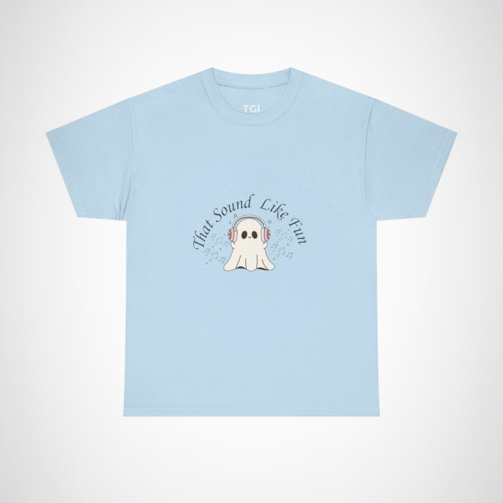 Cute Ghost with Headphones t-shirt design for Halloween and music lovers Light Blue colour