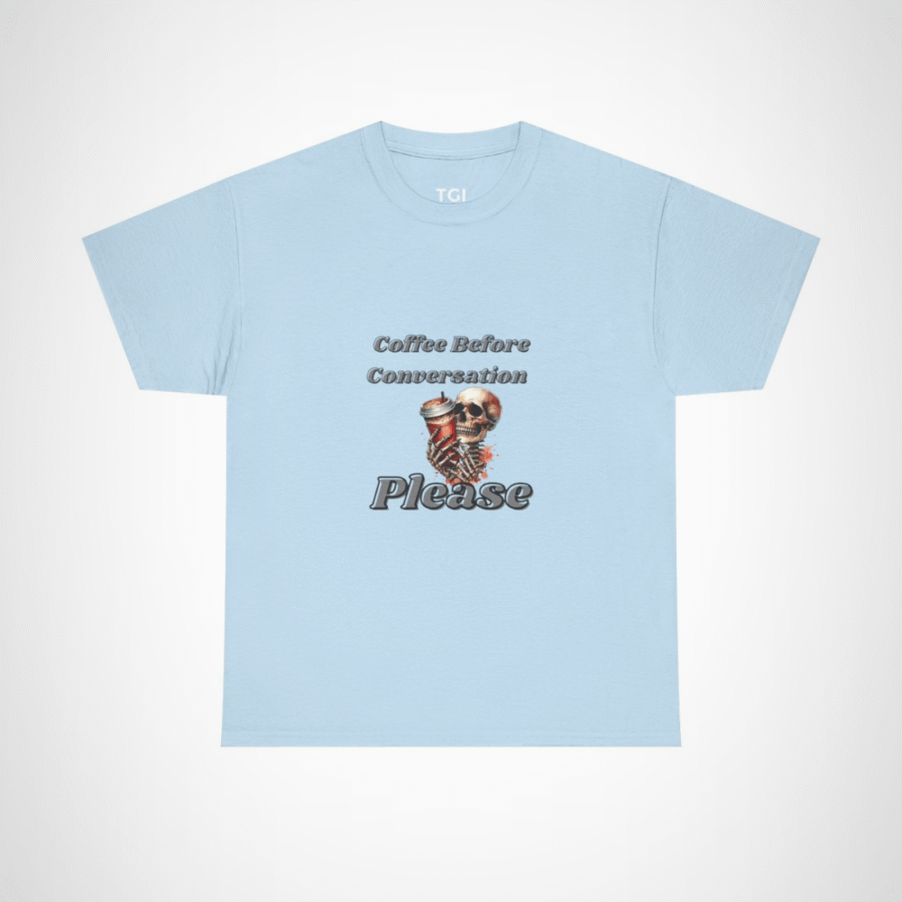 Skull design holding a coffee cup on a t-shirt for coffee lovers Light Blue colour