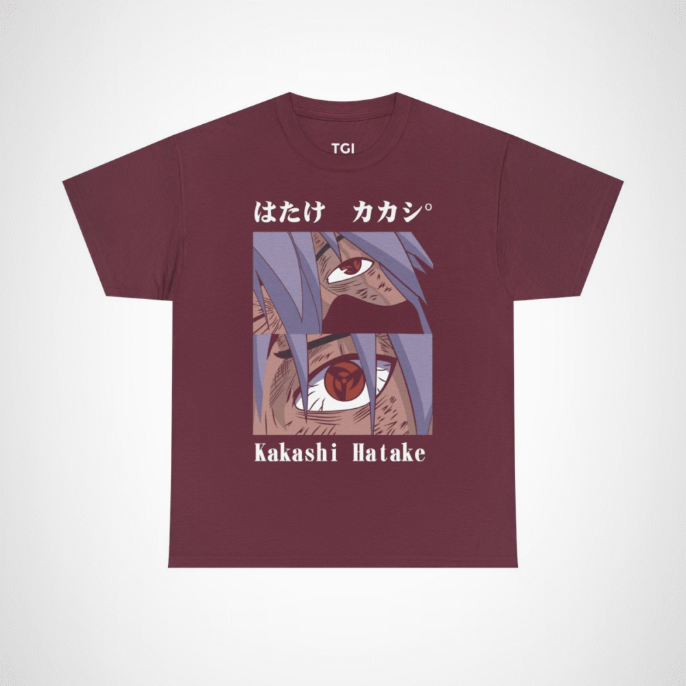 Kakashi Hatake graphic t-shirt featuring iconic character design Maroon colour